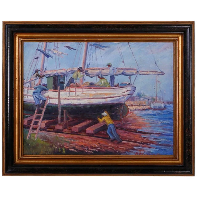 Vintage Impressionist Oil Painting of a Harbor Scene For Sale - Image 10 of 10