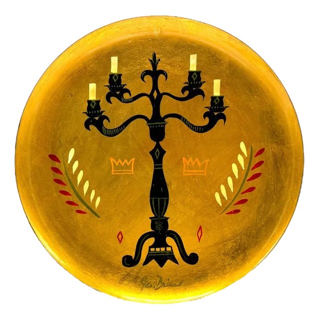 Georges Briard 1950s Mid-Century Modern Round Metal Tray With Candelabra Design For Sale