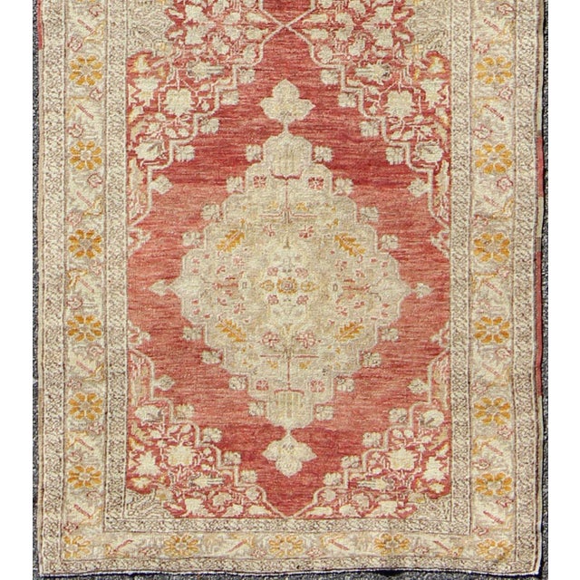 Tribal Antique Turkish Oushak Runner With Faded Red Medallions and Soft Ivory 3'2"x10'6" For Sale - Image 3 of 7