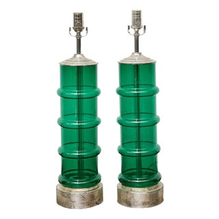 Mid 20th Century Italian Midcentury Ribbed Green Glass Lamps with Silver Bases - Pair For Sale