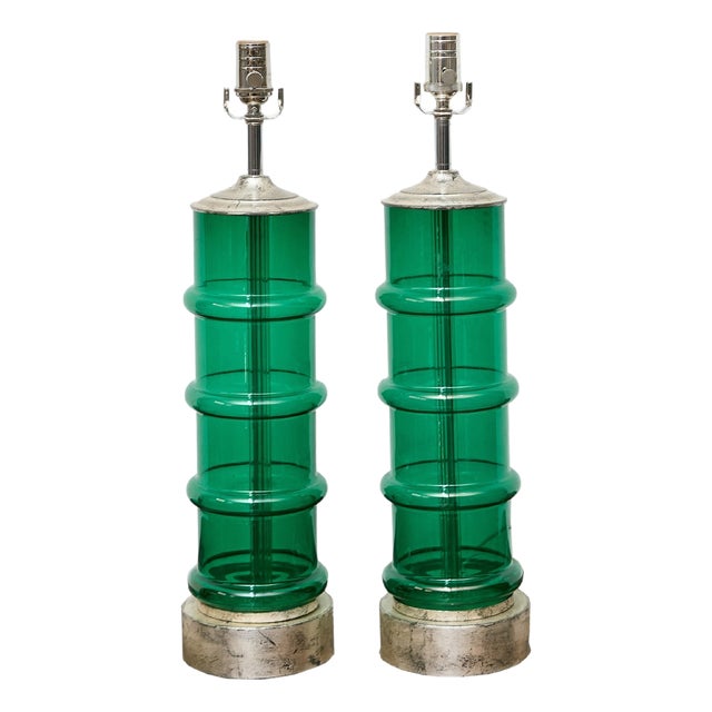 Mid 20th Century Italian Midcentury Ribbed Green Glass Lamps with Silver Bases - Pair For Sale