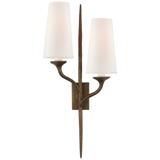 Iberia Double Left Sconce in Antique Bronze Leaf with Linen Shades Designer: Julie Neill Height: 24" Extension: 6.5"...