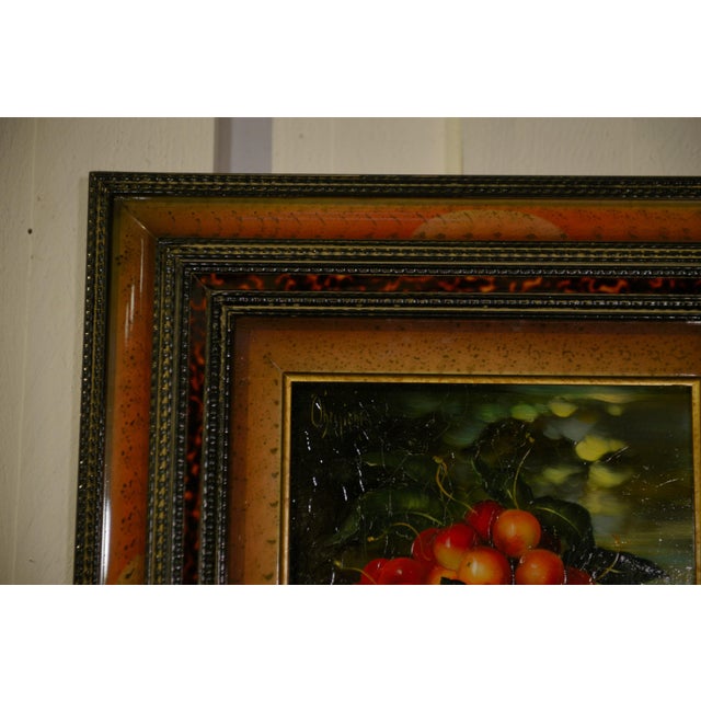 Contemporary still life with cherries, oil on canvas/panel, signed d. Obeniale. A glass overflowing with red and yellow...