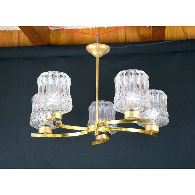 Metal Brass & Glass Chandelier, Five Lights, France Mid-Century For Sale - Image 7 of 7