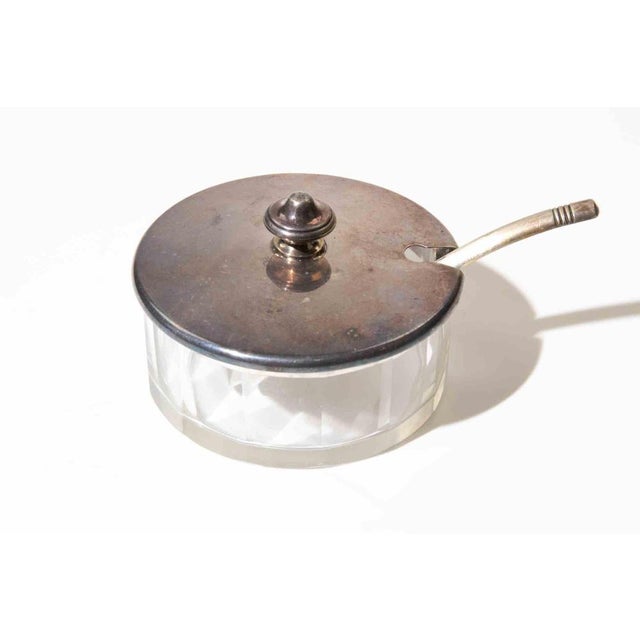 Elegant Italian condiment or preserve jar comprising a faceted crystal glass body with fitted silver-plate lid and...