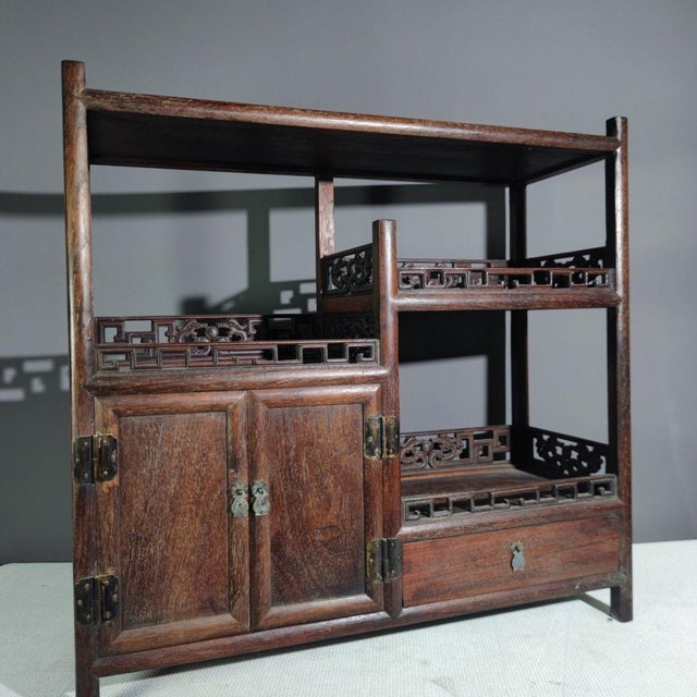 1960s Huanghuali Curio Cabinet / Asymmetrical Display Shelf With Drawer For Sale In Los Angeles - Image 6 of 8