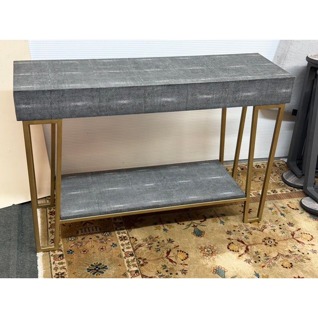 Brass Currey & Company Faux Shagreen + Brass Console Table For Sale - Image 8 of 12