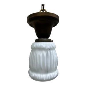 1920s Vintage Bradley & Hubbard Flush Mount Fixture With Vintage Linenfold Shade