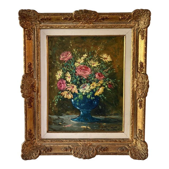 Vintage Floral Still Life Oil Painting in Rocco Baroque Gold Frame Signed For Sale