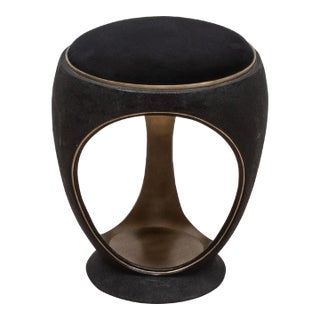 Velvet Upholstered Stool With Black Shagreen and Bronze Patina Brass by R&y Augousti For Sale