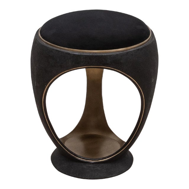 Velvet Upholstered Stool With Black Shagreen and Bronze Patina Brass by R&y Augousti For Sale