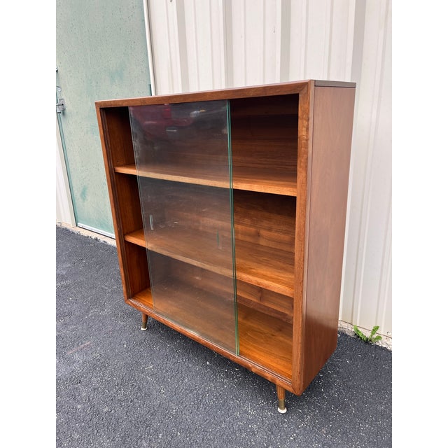 Mid Century Modern Walnut Bookcase With Sliding Glass Doors For Sale - Image 11 of 12