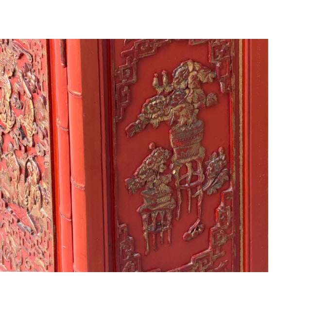 Oriental Red Matte Golden Relief Carving Small Cabinet Chest For Sale - Image 12 of 13