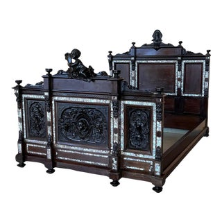 French Napoleon III Black Carved Ebonized Bed With Cherubs For Sale