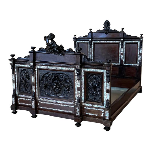 French Napoleon III Black Carved Ebonized Bed With Cherubs For Sale