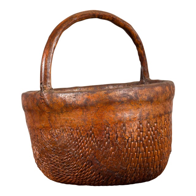 Antique Chinese Round Carrying Basket with Intricate Woven Rattan Design For Sale