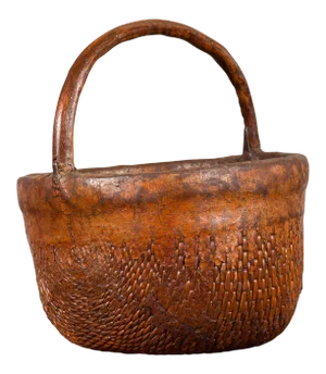Antique Chinese Round Carrying Basket with Intricate Woven Rattan Design