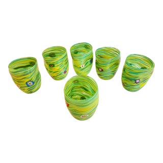 Green Rods and Murrine Glasses Attributed to Murano- Set of 6 For Sale