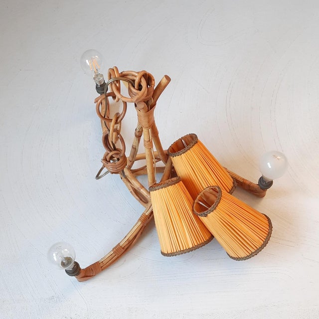 1960s French Rattan Hanging Light with Three Shades, 1950s For Sale - Image 5 of 6