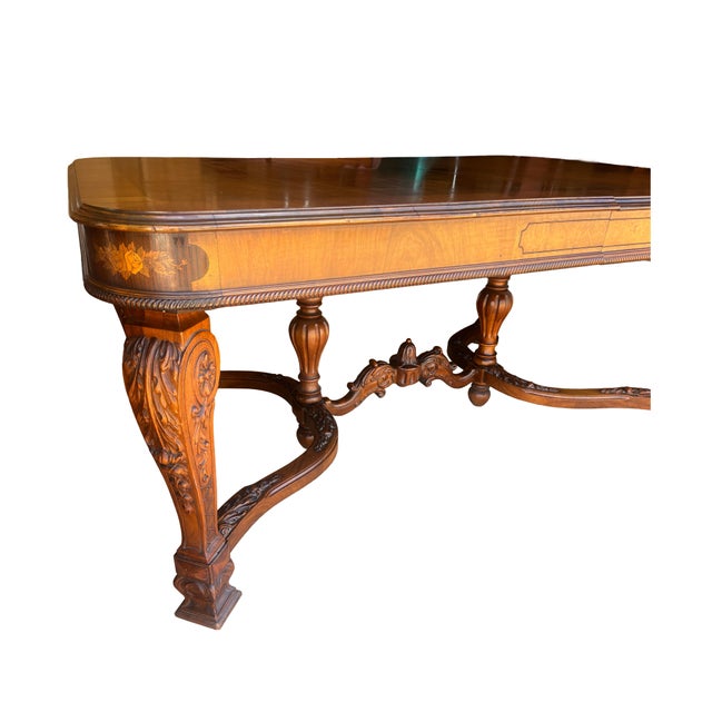 Spanish Revival Antique Walnut /Burlwood With Marquetry Johnson Handley Johnson Dining Room Set Circa 1930's For Sale - Image 3 of 9