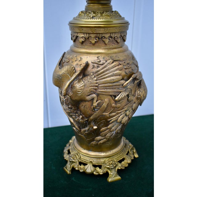 Late 19th Century Antique Ornate Solid Brass Bird of Pardise Converted to Electric Lamp For Sale - Image 5 of 12