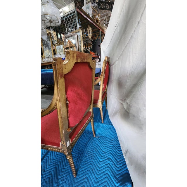 French Mid 20th Century Pair of French Louis XVI Style Giltwood Armchairs For Sale - Image 3 of 4
