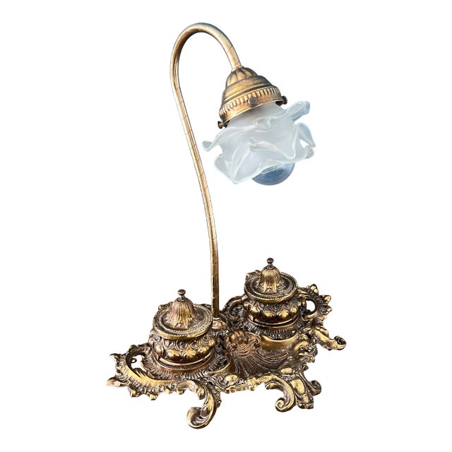 Antique Rococo Revival Brass Desk Lamp With Frosted Glass Shade — Early 20th Century, Circa 1920s–1930s For Sale