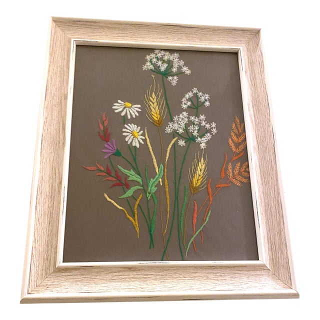 Vintage Mid-Century Daisy Crewel Art For Sale