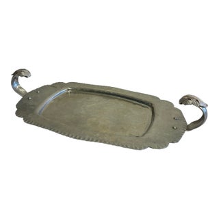 Vintage Hand Wrought Aluminum Tray With Leaf Handles For Sale