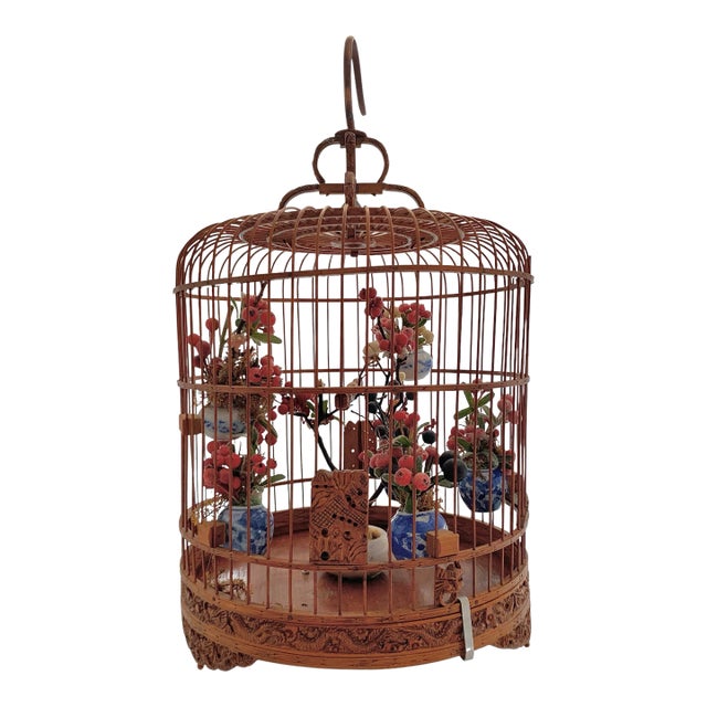 Late 20th Century Bird Cage Bamboo Wood With Miniature Faux Floral Asian Style Vintage Oriental Decor For Sale