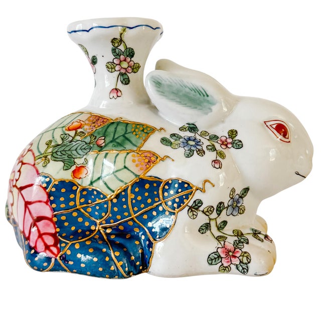 Vintage porcelain rabbit taper candle holder hand-painted in the iconic 18th-century Tobacco Leaf export pattern. Features...