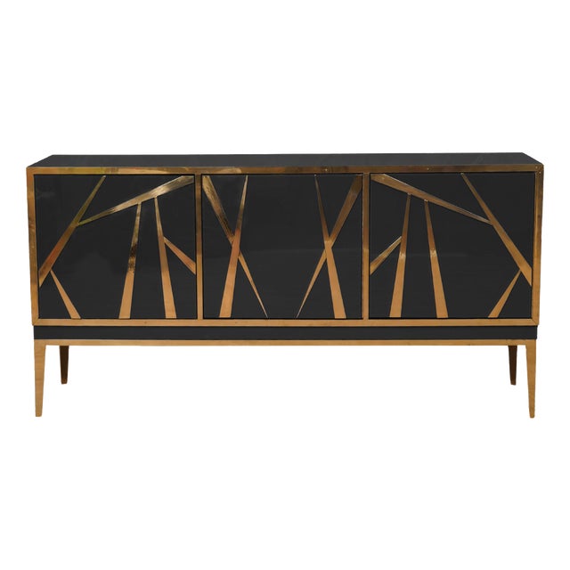 Italian Black Murano Glass and Brass Three-Door Sideboard from Justfurnituress SRL For Sale