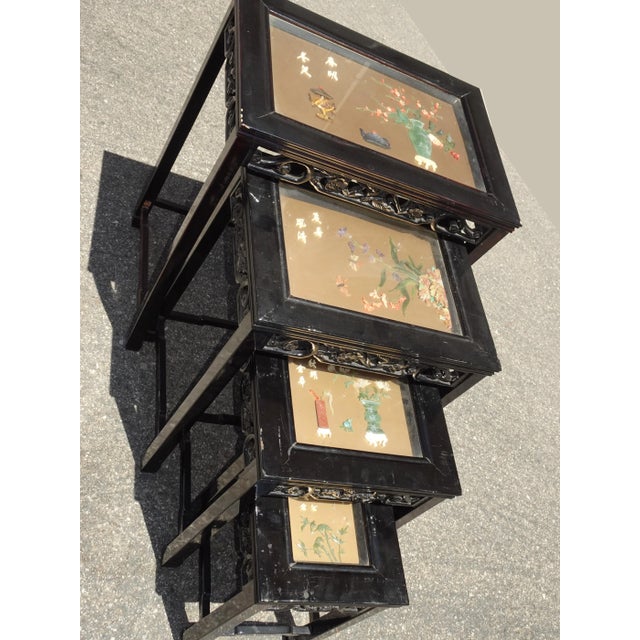 Vintage Oriental Asian Black Nesting Tables W Decorative Table Tops ~ Set of Four For Sale - Image 4 of 13