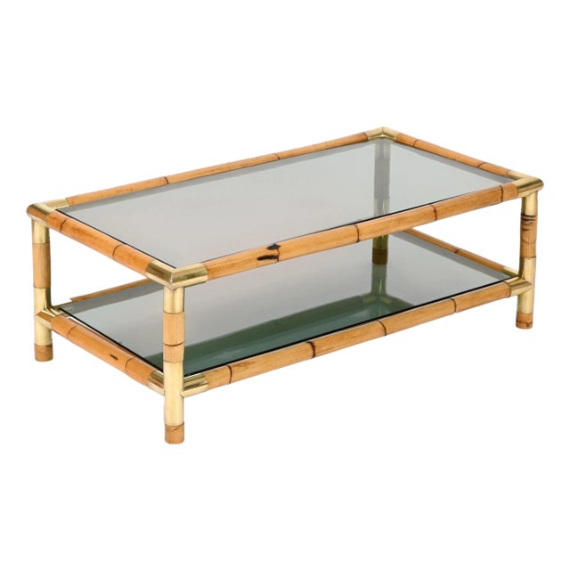 Bamboo, Brass and Smoked Glass Coffee Table, Italy, 1970s For Sale