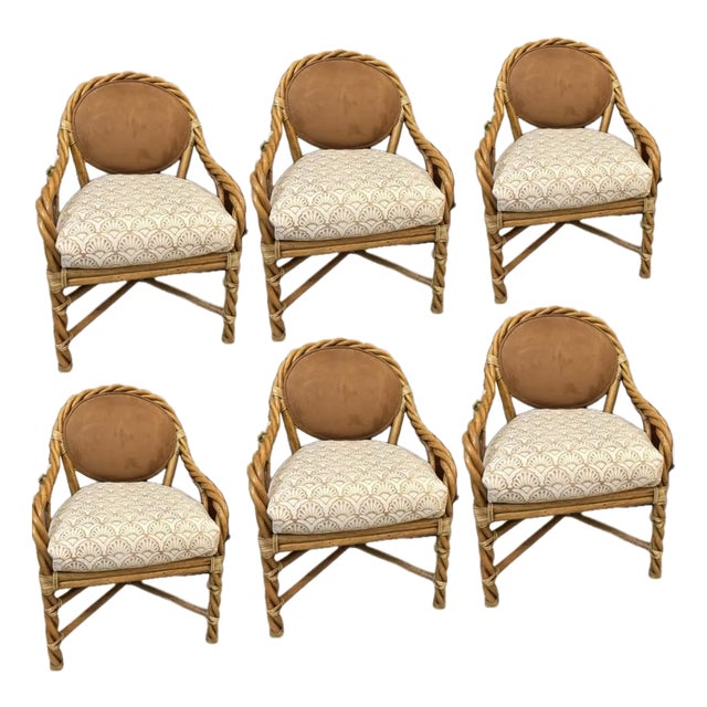 6 McGuire, Refurbished, Twisted “Barley” Bamboo/Rattan Chairs. Upholstered in a Rich, Warm Faux Suede Performance Fabric. For Sale
