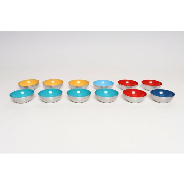 Set of Twelve Small Danish Modern Enamel and Brushed Aluminum Snack Bowls For Sale - Image 4 of 18