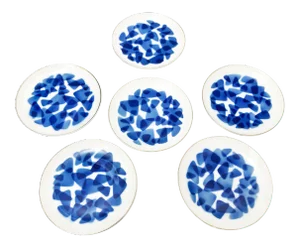 1940's Fukagawa White Porcelain Geometric Blue W/ Silver Rim Plates - 6 Pieces Draft