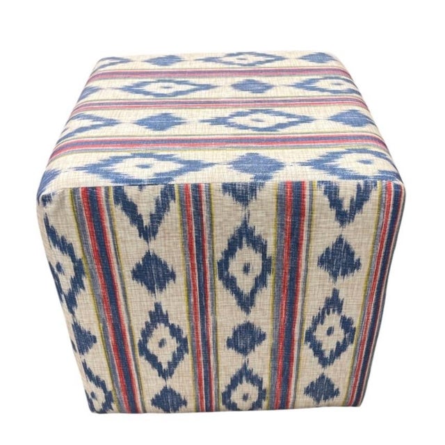 Vintage Blue and Indigo Ikat Pattern Upholstered Cube Ottoman For Sale In West Palm - Image 6 of 12