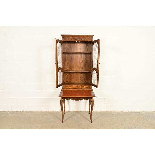 Baker Furniture French Provincial Louis XV Carved Oak Secretary Desk With Bookcase Hutch, Circa 1960s For Sale - Image 9 of 17