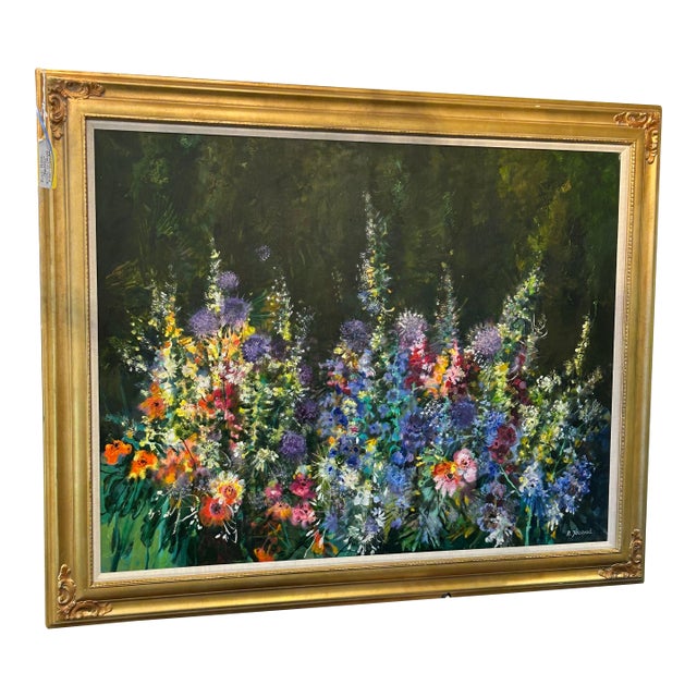 Large Original Painting of Flowers in a Garden by French Artist M. Journod For Sale