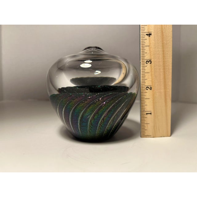 1994 Maytum Studio Glass Iridescent Green Swirl Paperweight Oil Lamp Vase Signed For Sale - Image 4 of 8