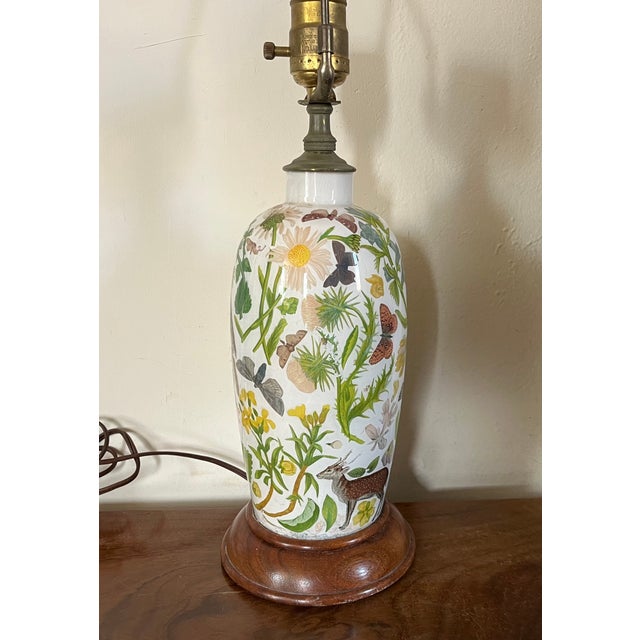 Green Antique English Victorian Decalcomania Reverse Painted Glass Vase Decorated With Birds, Butterflies, Flowers and a Deer Mounted as a Table Lamp For Sale - Image 8 of 12