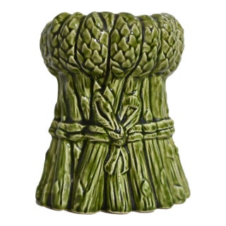 Vintage Ceramic Majolica Style Vase With Ribbon Tied Around a Stalk of Asparagus For Sale