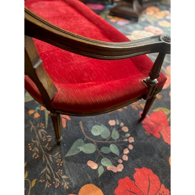 French Provincial French Antique Louis XVI Style Settee 19th Century Custom Plush Red Velvet For Sale - Image 3 of 12