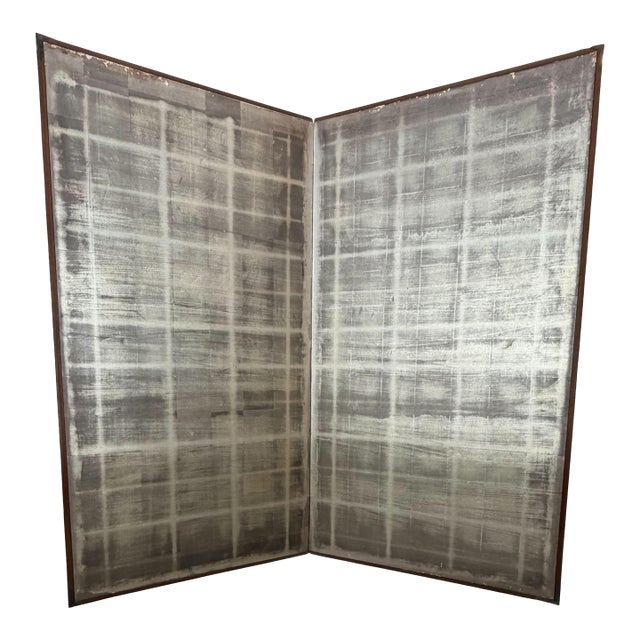 Meiji Japanese Folding Screen Byobu 2 Panel Antique Late 19th Century Silver Leaf Framed For Sale