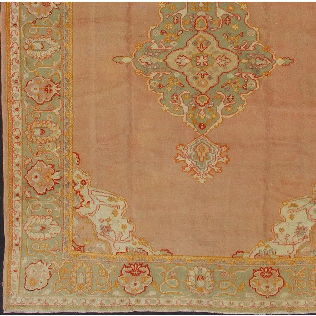 Antique Turkish Oushak in Pink and Light Green For Sale - Image 4 of 13