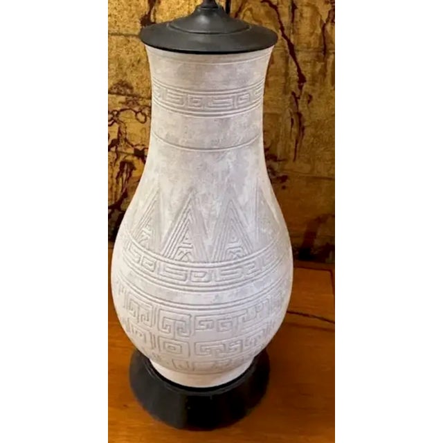 Mid Century Off White Incised Glazed Lamp For Sale - Image 4 of 8