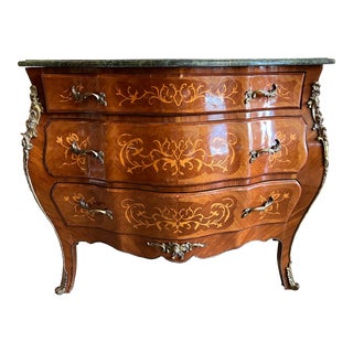 Mid 20th Century French Louis XV Green Marble Top Commode Bombe Chest Ormolu Mounts For Sale
