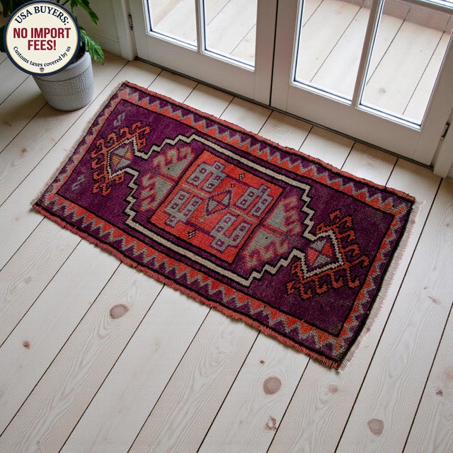 Purple Distressed Small Low Pile Hand Knotted Yastik Rug Faded Mat - 18'' X 36'' For Sale - Image 8 of 15