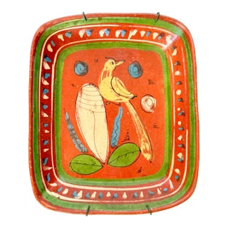 Vintage Mexican Folk Art Redware Bird Platter For Sale